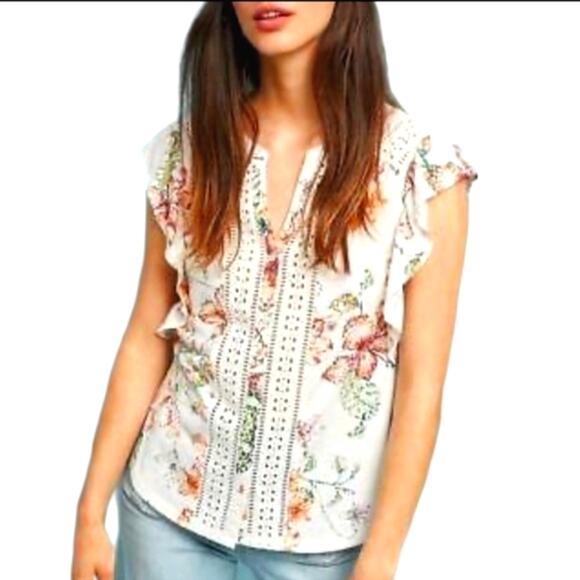Anthropologie Maeve Floral Eyelet V Neck Short Sleeve Linen Blend Top Size XSP - Picture 1 of 16